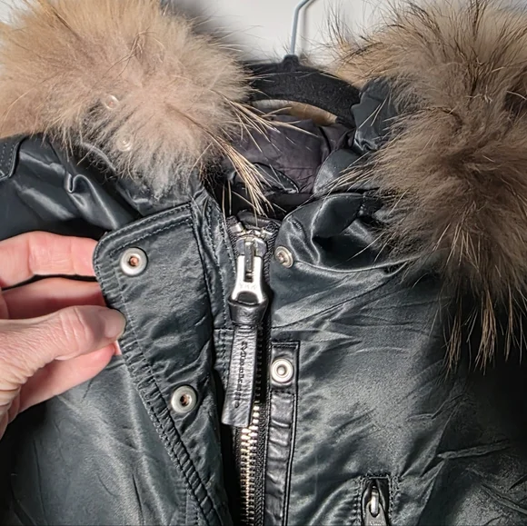 Mackage Small Down Parka Real Fur Trim Hood Long Puffer Coat Dark Green Womens S - Picture 12 of 16